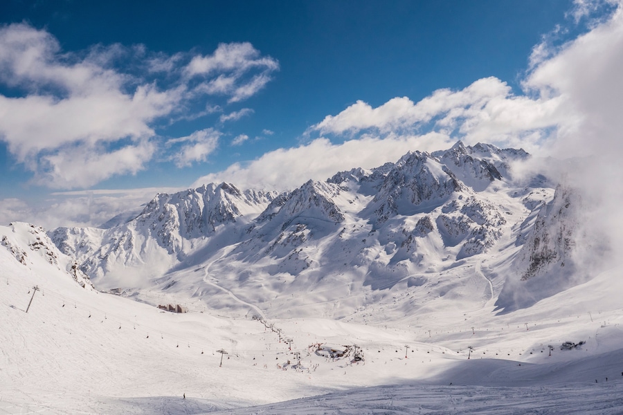 Winter mountains panorama with ski slopes, Bareges, Pyrennees, France
