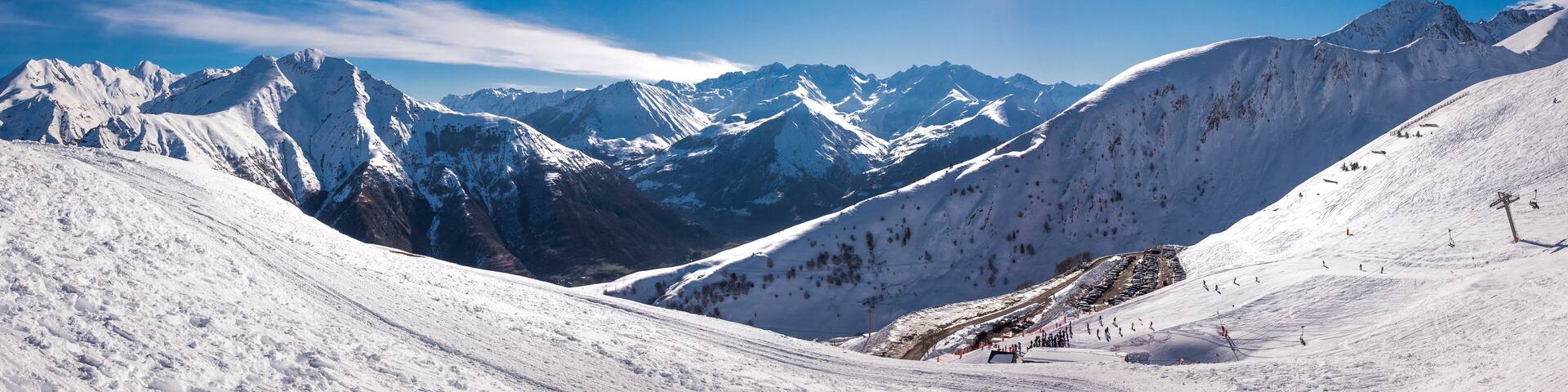 Winter mountains panorama with ski slopes, Bareges, Pyrennees, France