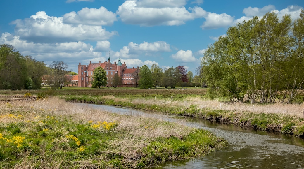 The historic Gammel Estrup Castle in Djursland. Old Estrup, most famous castle of Jutland region, Denmark