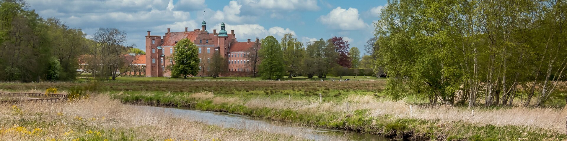 A river meandering through a grassy field with yellow flowers, a brick building with green roofs, and trees in the background.