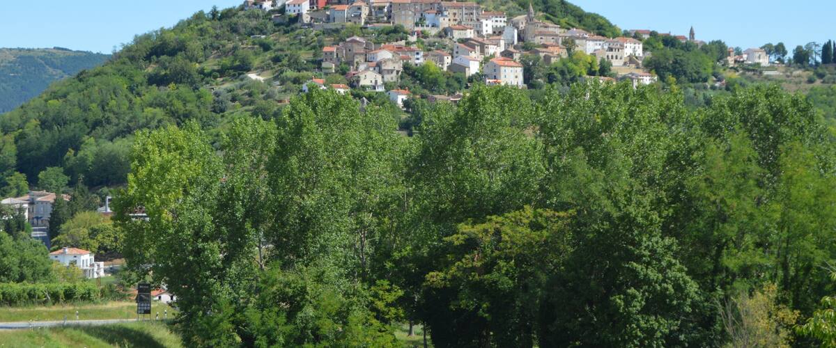 A hilltop town with a prominent castle-like structure on top, surrounded by lush greenery and residential buildings.