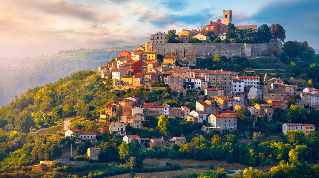 Antique city Motovun Croatia Istria. Picturesque panorama age-old village at hill with pink cloud and sunny light and authentic home with red tegular roof and green vineyard garden.