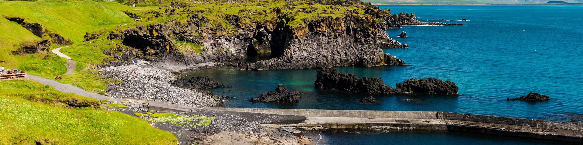 Hellnar and Valasnos cliffs on Snaefellsnes peninsula in Western Iceland.