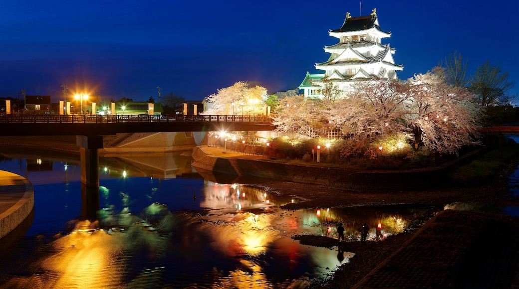 Tourists walking on a bridge toward Sunomata Ichiya Castle which is illuminated at blue dusk and surrounded by beautiful cherry blossom trees (Sakura) during Hanami Matsuri Festival, in Gifu, Japan