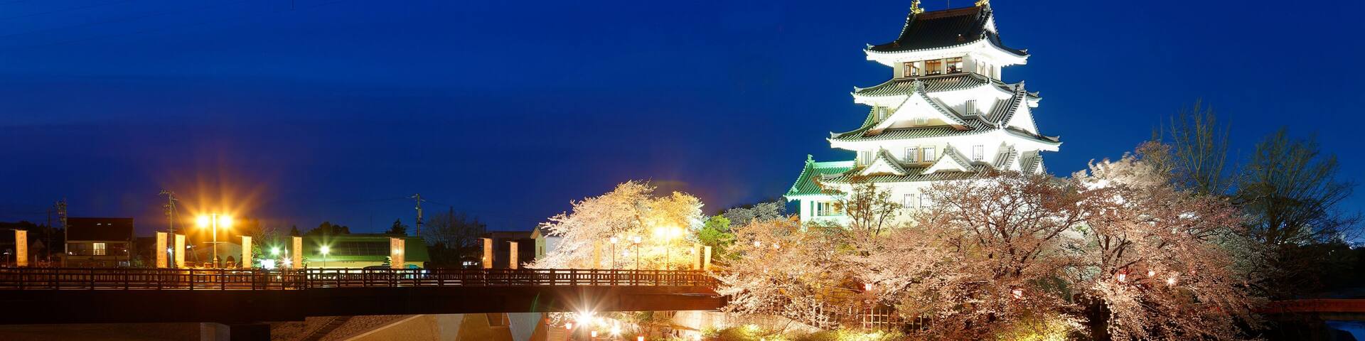 Tourists walking on a bridge toward Sunomata Ichiya Castle which is illuminated at blue dusk and surrounded by beautiful cherry blossom trees (Sakura) during Hanami Matsuri Festival, in Gifu, Japan
