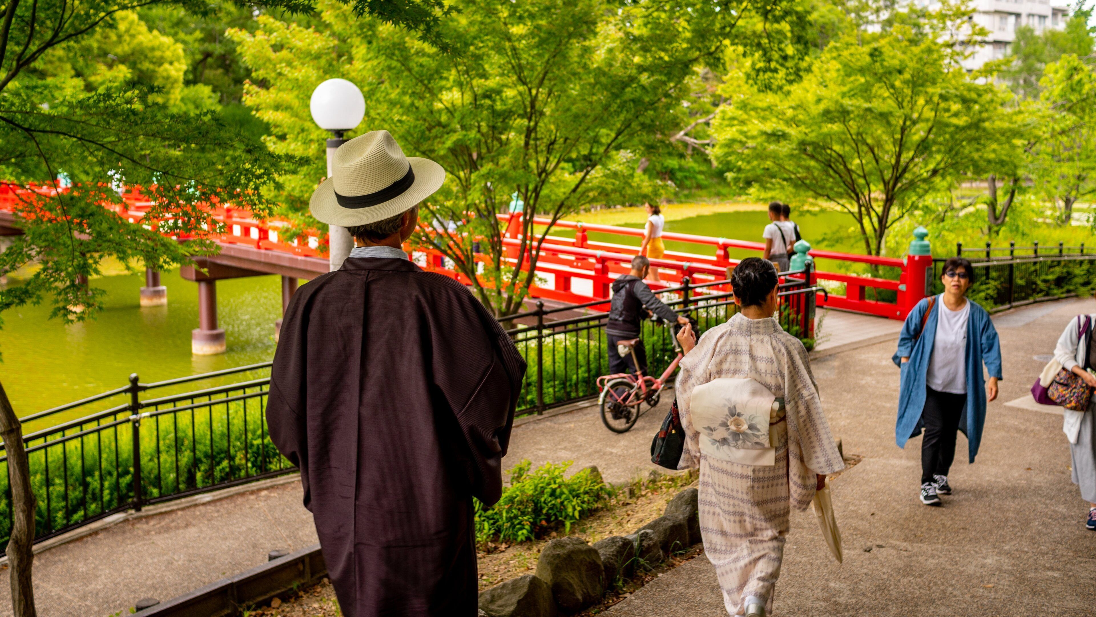 Tennoji featuring a bridge and street scenes as well as an individual male