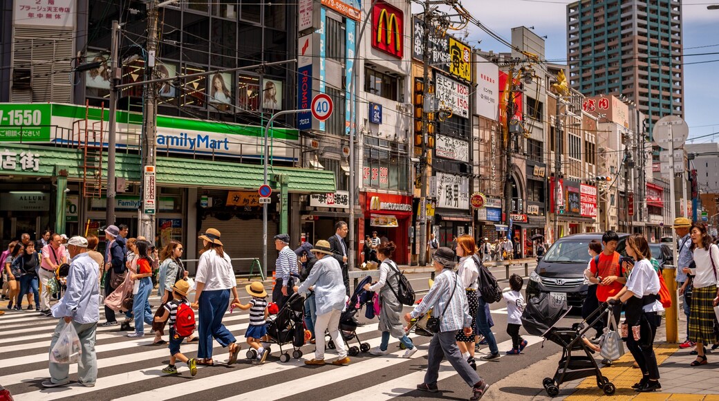 Tennoji featuring street scenes and a city as well as a large group of people