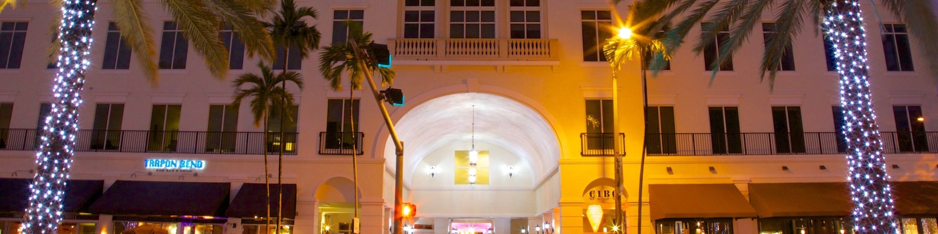 Vibrant Miracle Mile in Coral Gables showcasing festive lights and evening activity