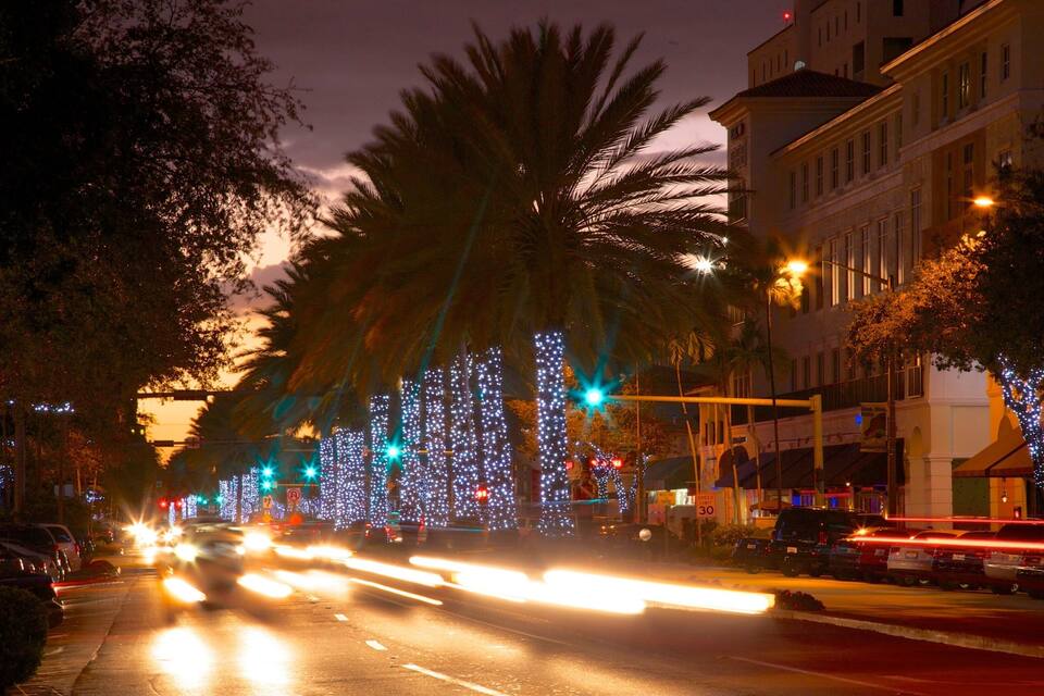 Rua com palmeiras e edifícios, decorada com luzes de cordão.