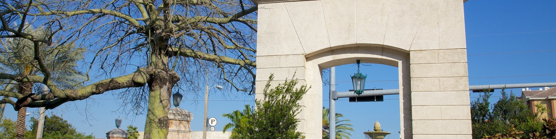 Explore Miracle Mile in Coral Gables, Florida, showcasing beautiful architecture and vibrant city life under a clear blue sky