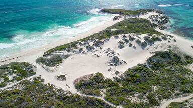 Aerial view of Sandy Cape Reserve near Jurien Bay, Western Australia, featuring pristine beaches and dunes