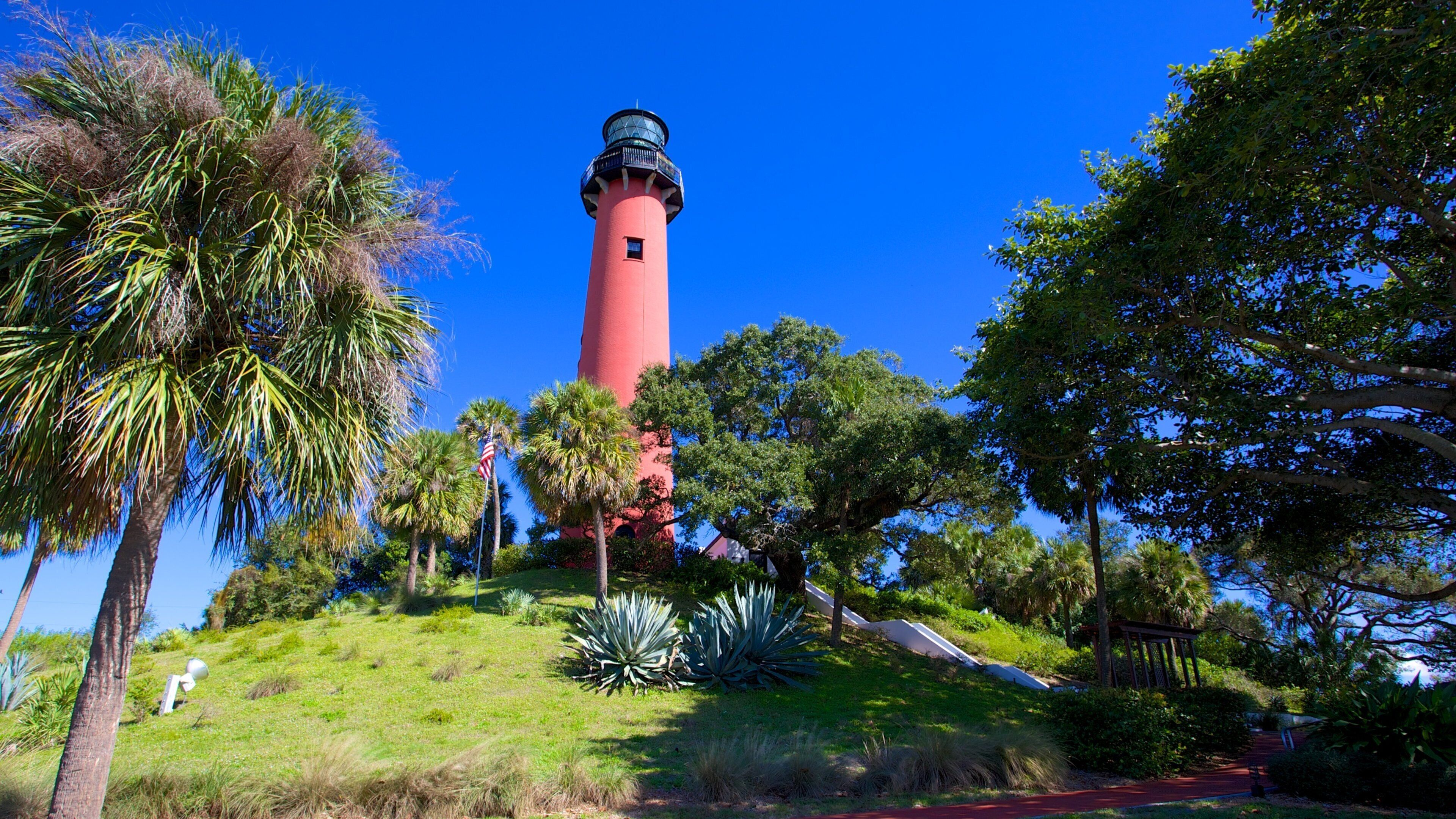 A red lighthouse surrounded by lush greenery and palm trees.