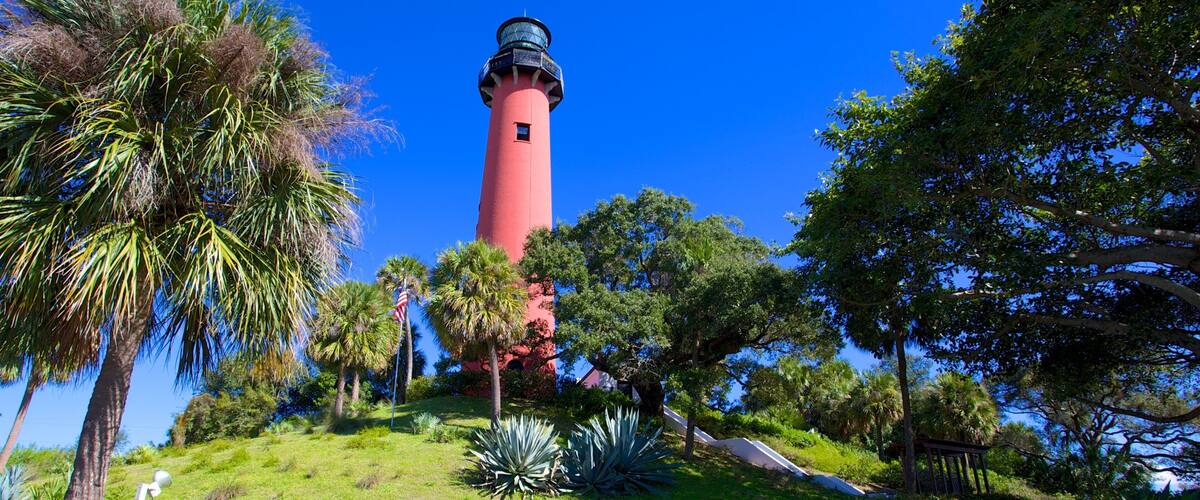 A red lighthouse surrounded by lush greenery and palm trees.