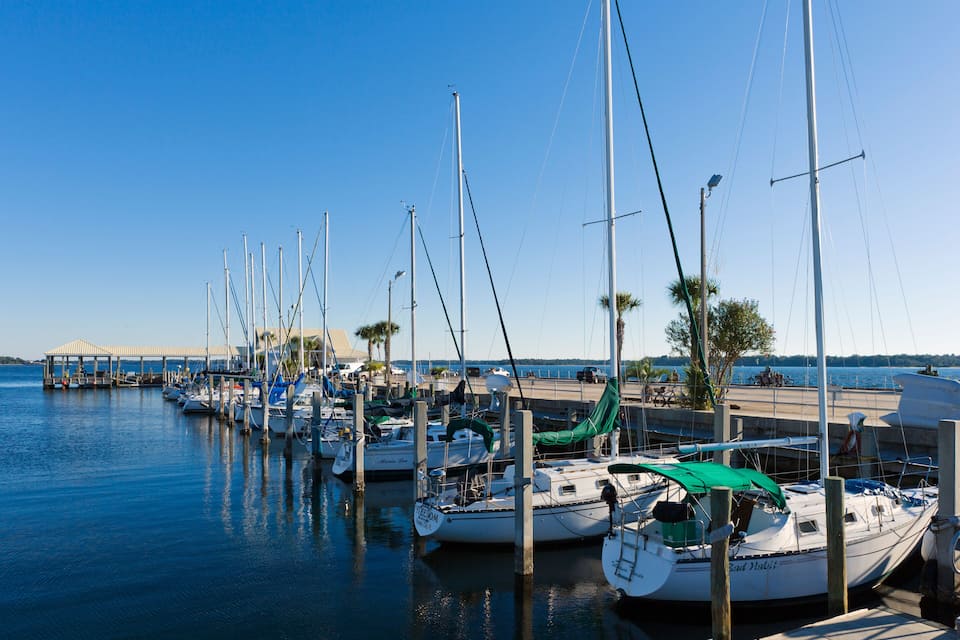 Un puerto deportivo con varias embarcaciones amarradas, un muelle que se adentra en el agua y palmeras a lo largo de la orilla.