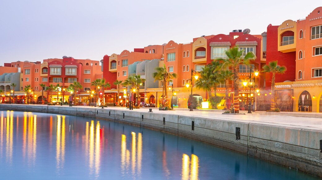 Beautiful architecture of Hurghada Marina at dusk in Egypt