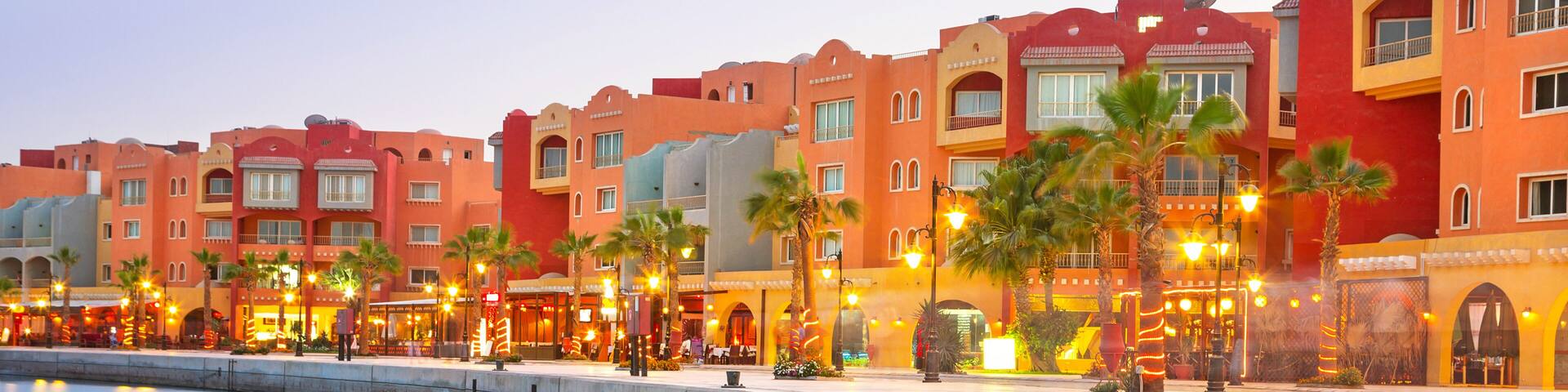Beautiful architecture of Hurghada Marina at dusk in Egypt
