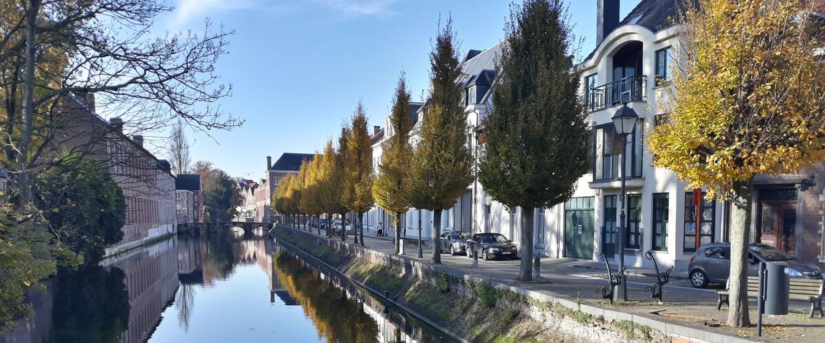 A canal with buildings and trees along the banks.