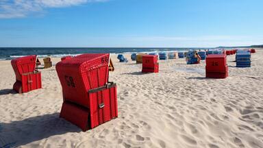 A beach with red and blue beach chairs and numbered storage boxes.