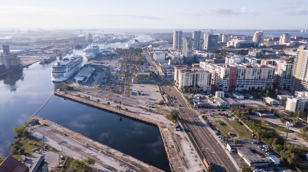 Aerial view of cruise port and downtown area in Tampa, Florida.
