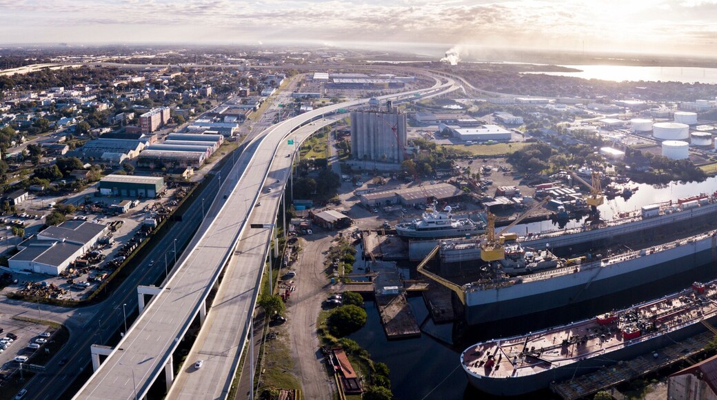 Aerial panoramic view of industrial area and port of Tampa, Florida.