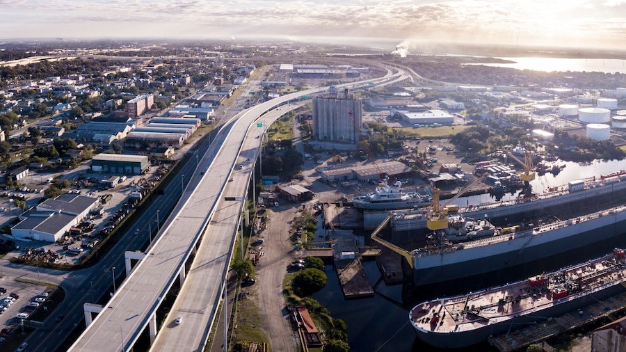 Aerial panoramic view of industrial area and port of Tampa, Florida.