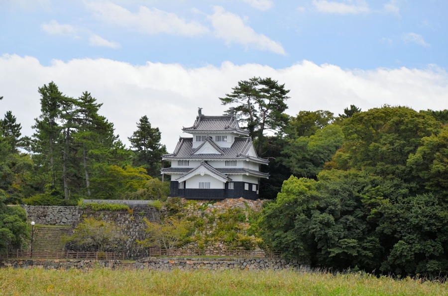 Un castillo japonés tradicional rodeado de abundante vegetación y un muro de piedra.