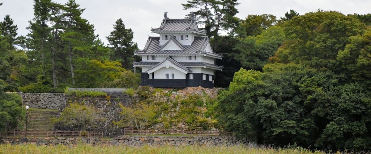A traditional Japanese castle surrounded by lush greenery and a stone wall.