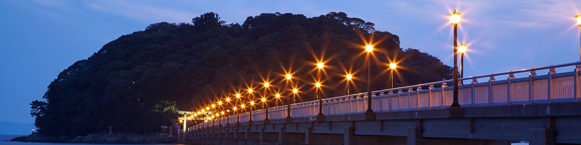 A long bridge with streetlights extending over calm water, leading to a forested island.