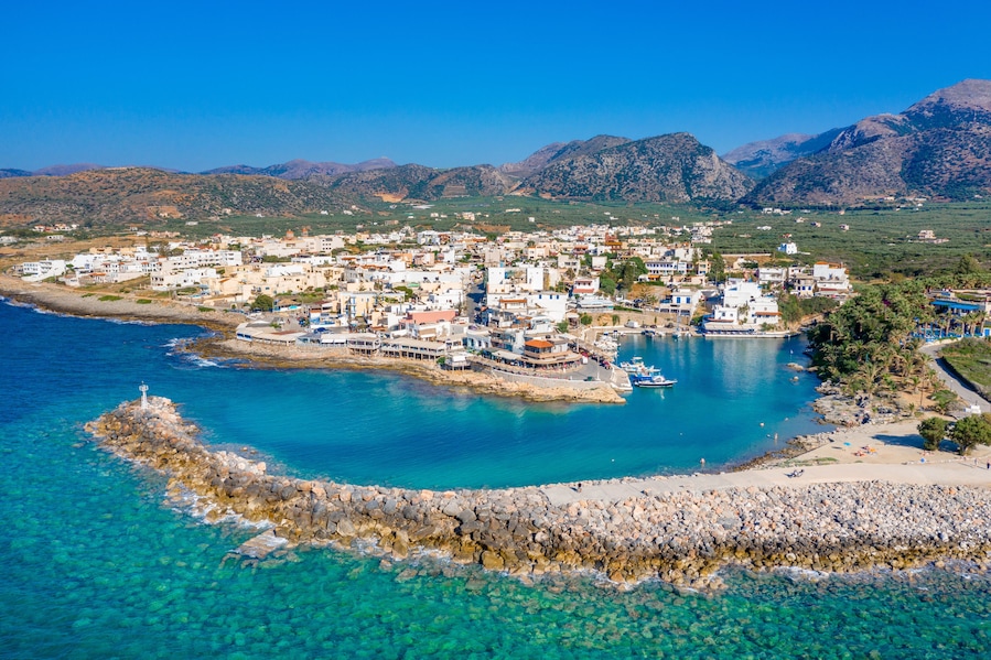 Aerial view of the old harbor of traditional village Sisi, Crete, Greece