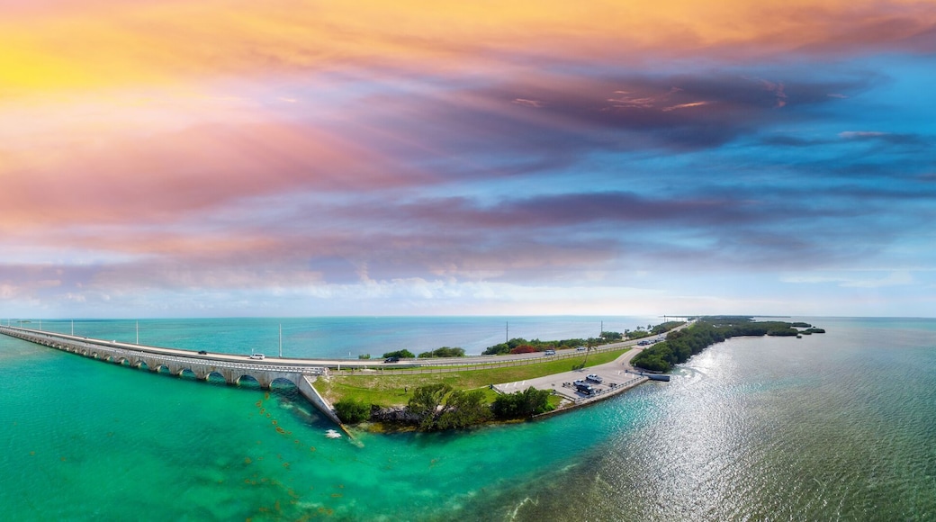 Florida Keys Bridge, beautiful sunset aerial view
