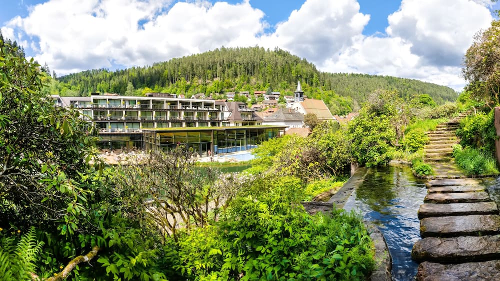 Une cascade, une rivière et un ensemble de bâtiments entourés de verdure.