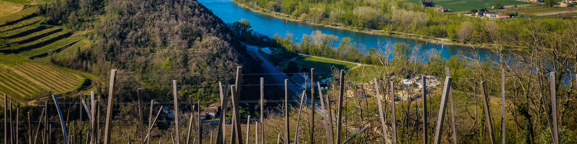 view on the Rhone river Valley, the fields, the vineyards and the Ardeche mountains from the Mejeans belvedere (Drome, France)