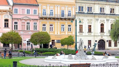 Uma praça pública com uma fonte, bancos e pessoas.
