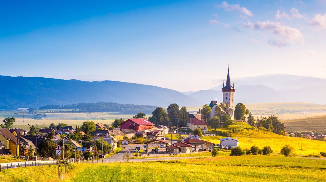 Beautiful landscape of valley in Slovakia mountains, small houses in village, rural scene. Spissky Stvrtok, Slovakia
