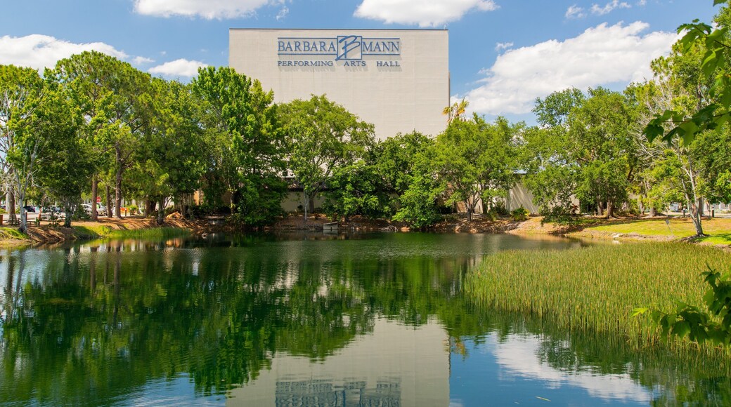Barbara B Mann Hall featuring a pond