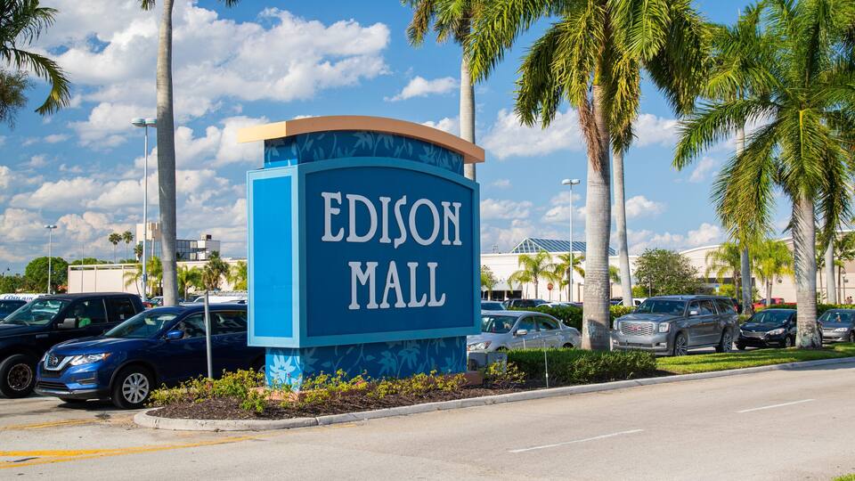 A sign for Edison Mall with palm trees and parked cars.