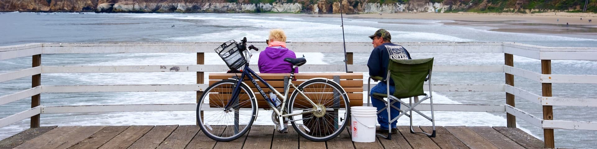 Pismo Beach Pier showing fishing as well as a small group of people