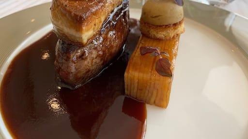 Don’t discount the filet, with all the other great options on the menu. Perfectly cooked, and paired with pan-fried foie gras and a block of potatoes 13-layers deep, it’s perfection on a plate!