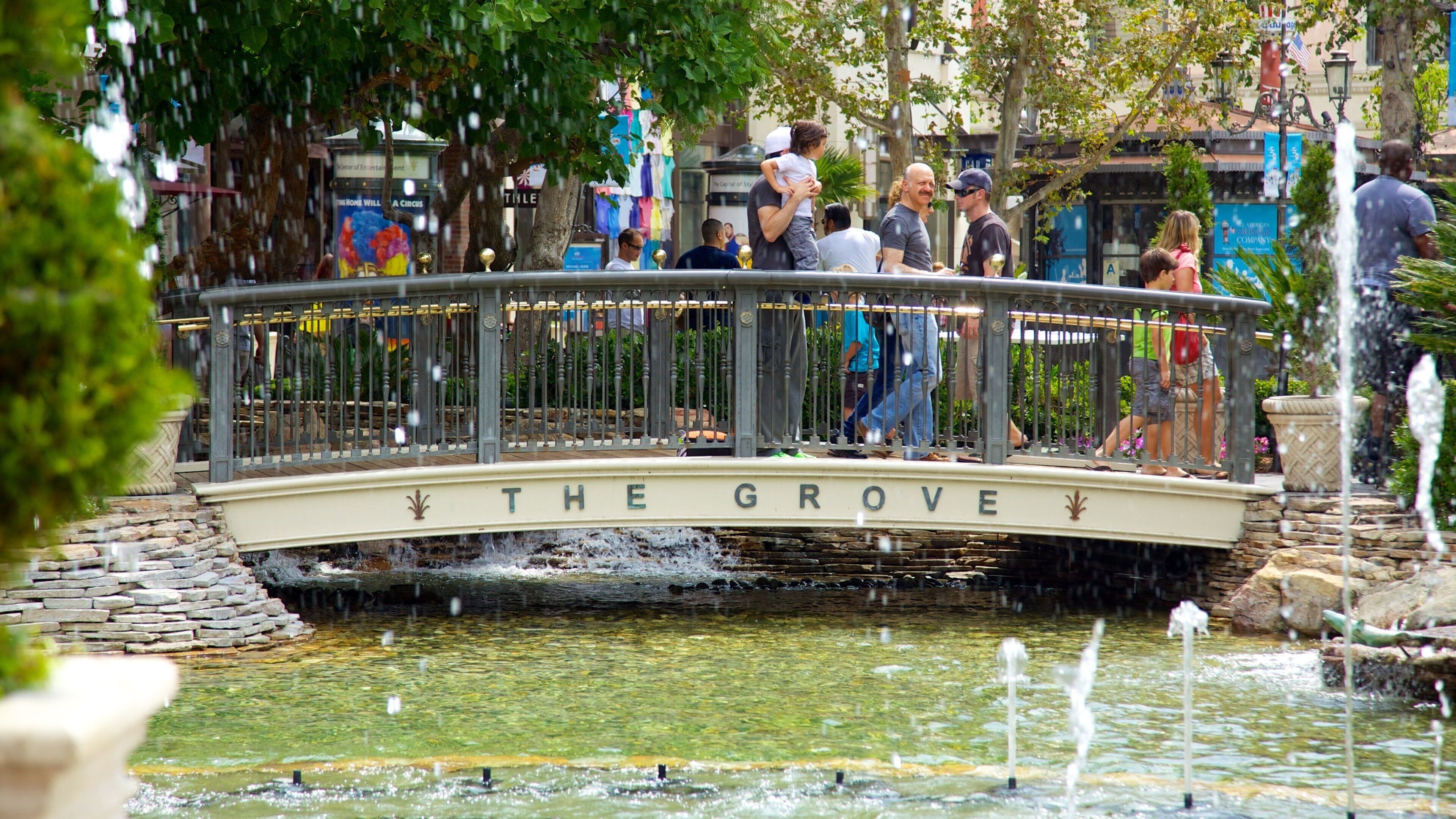 The Grove which includes a fountain, a bridge and a pond