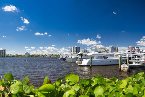 West Palm Beach panoramic view of city port and boats on a sunny winter day, Florida