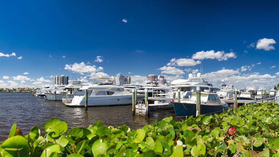 West Palm Beach panoramic view of city port and boats on a sunny winter day, Florida