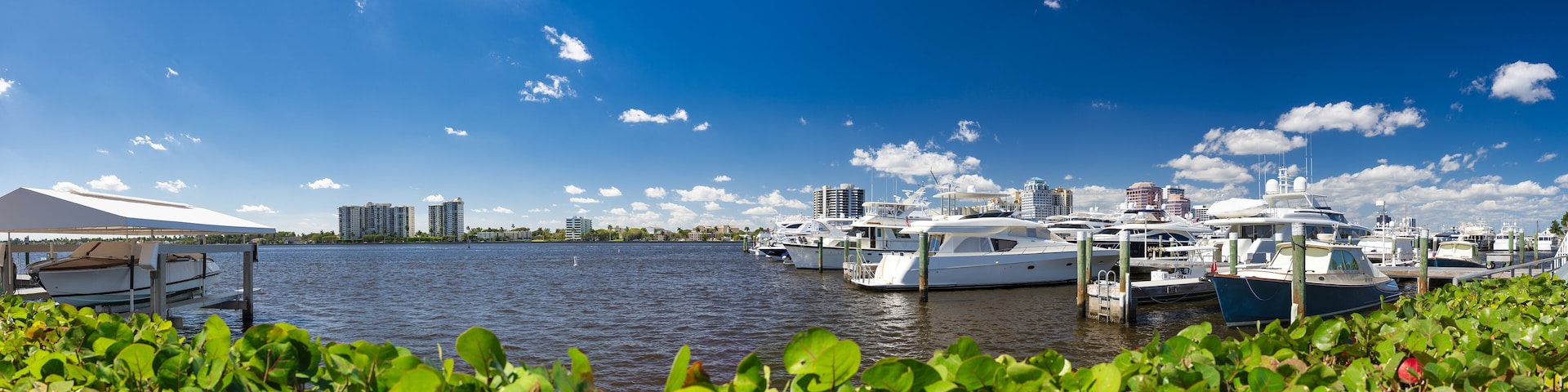 West Palm Beach panoramic view of city port and boats on a sunny winter day, Florida
