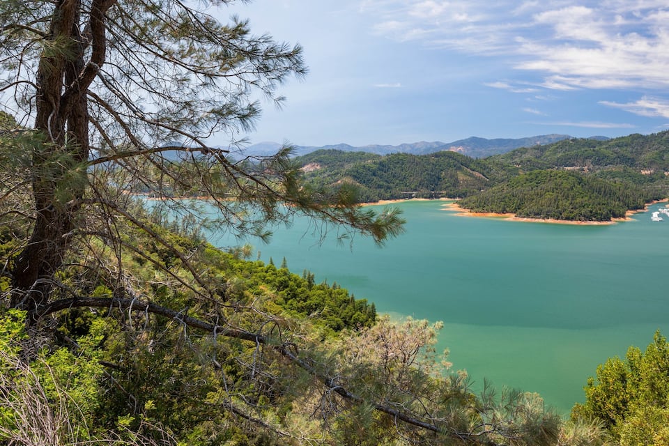 A turquoise lake surrounded by dense forest and mountains.
