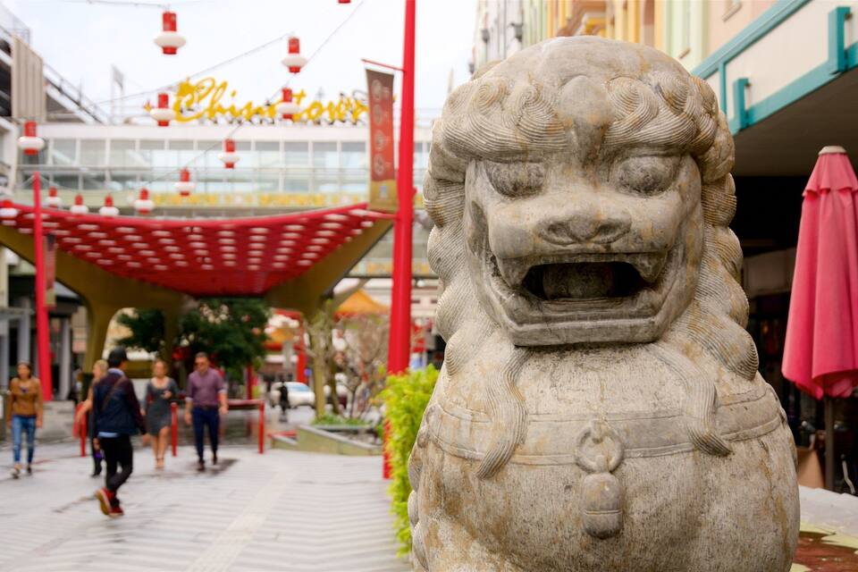A stone lion statue on a city street with a red canopy and a sign that reads "China".