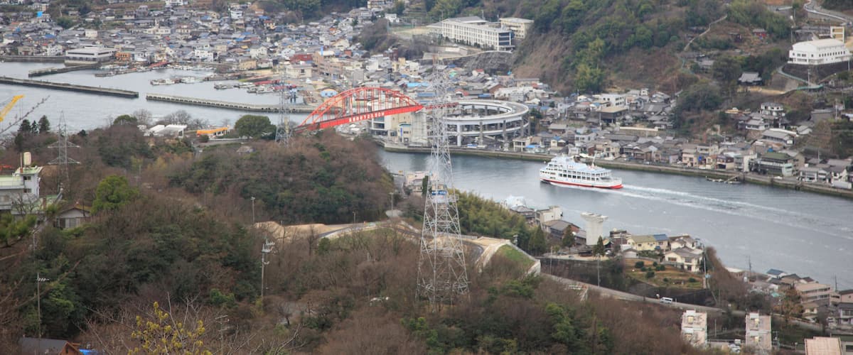 A coastal town with a river, a bridge, and a boat.