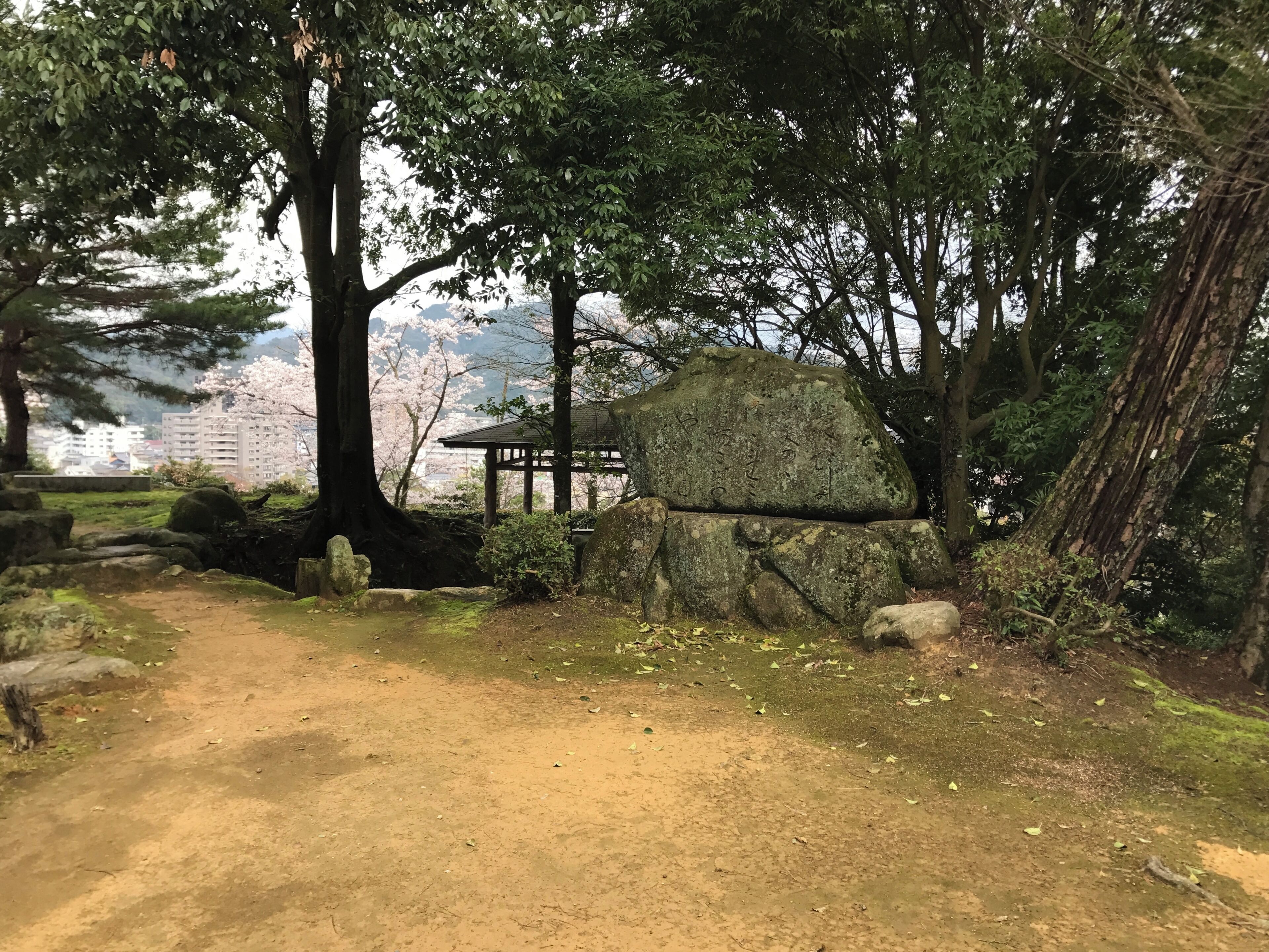 Un sendero de tierra que lleva a un farolillo japonés de piedra tradicional, rodeado de árboles y con vistas a flores de cerezo al fondo.