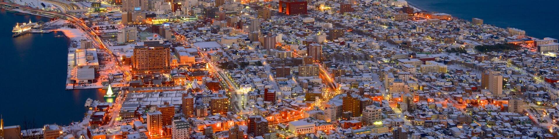 Hakodate showing a city, night scenes and landscape views