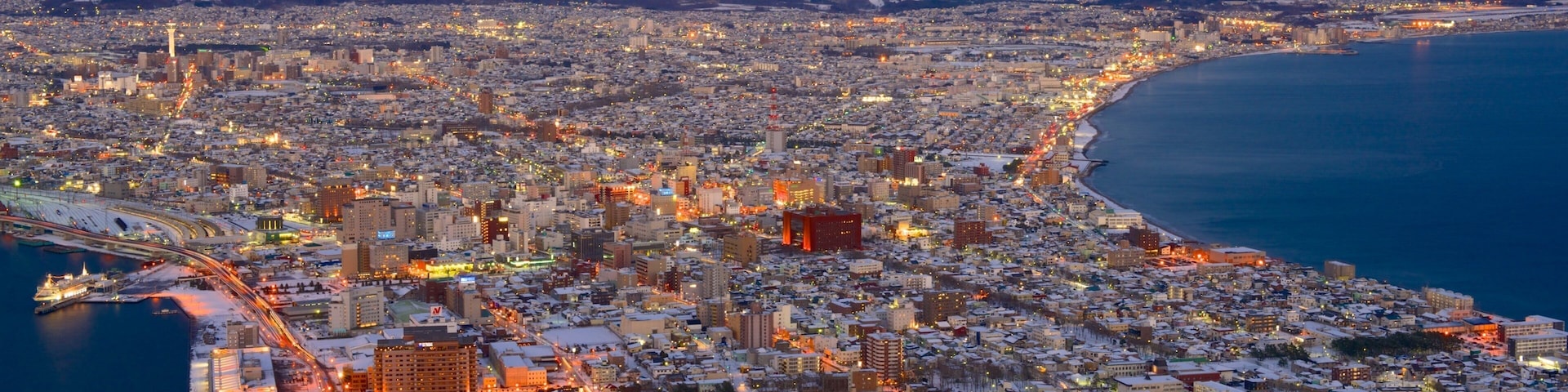Hakodate showing a city, night scenes and landscape views