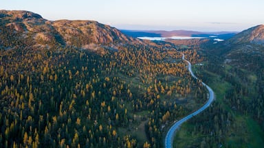 High angle aerial view of oad running through forest and mountainous landscape in northern Sweden
