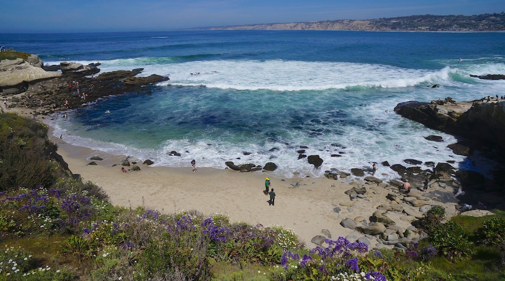 La Jolla Cove featuring landscape views, a sandy beach and rugged coastline